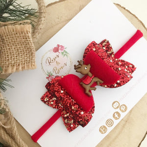 Red and Gold Star Reindeer Glitter Hair Bow Headband or Clip