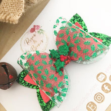 Load image into Gallery viewer, Christmas Holly Glitter and Transparent Hair Bow Headband or Clip
