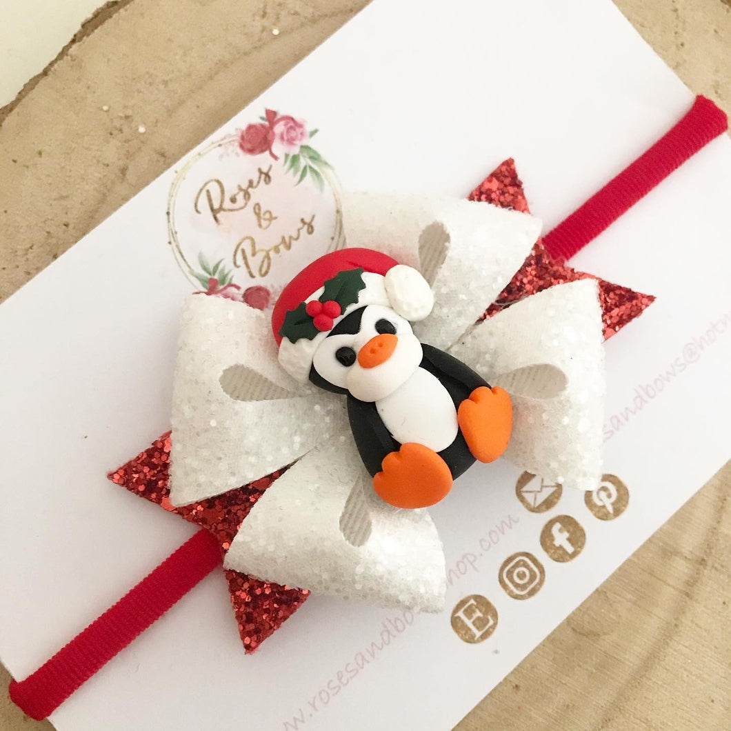 Christmas Penguin Hair Bow Headband or Clip