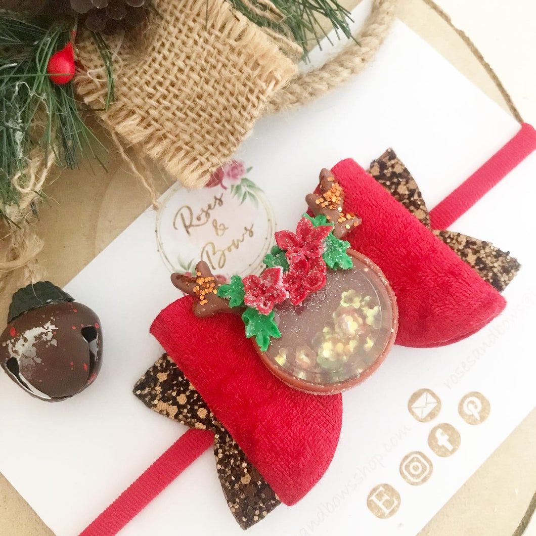 Reindeer Glitter Shaker Hair Bow Headband or Clip