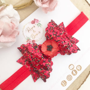 Poppy Glitter Bow Headband or Clip