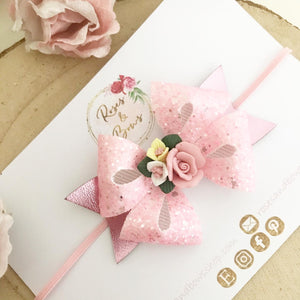 Pink Floral Hair Bow Headband or Clip