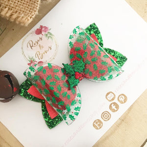 Christmas Holly Glitter and Transparent Hair Bow Headband or Clip