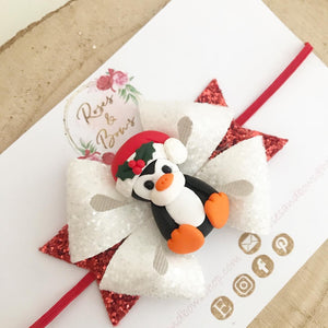Christmas Penguin Hair Bow Headband or Clip