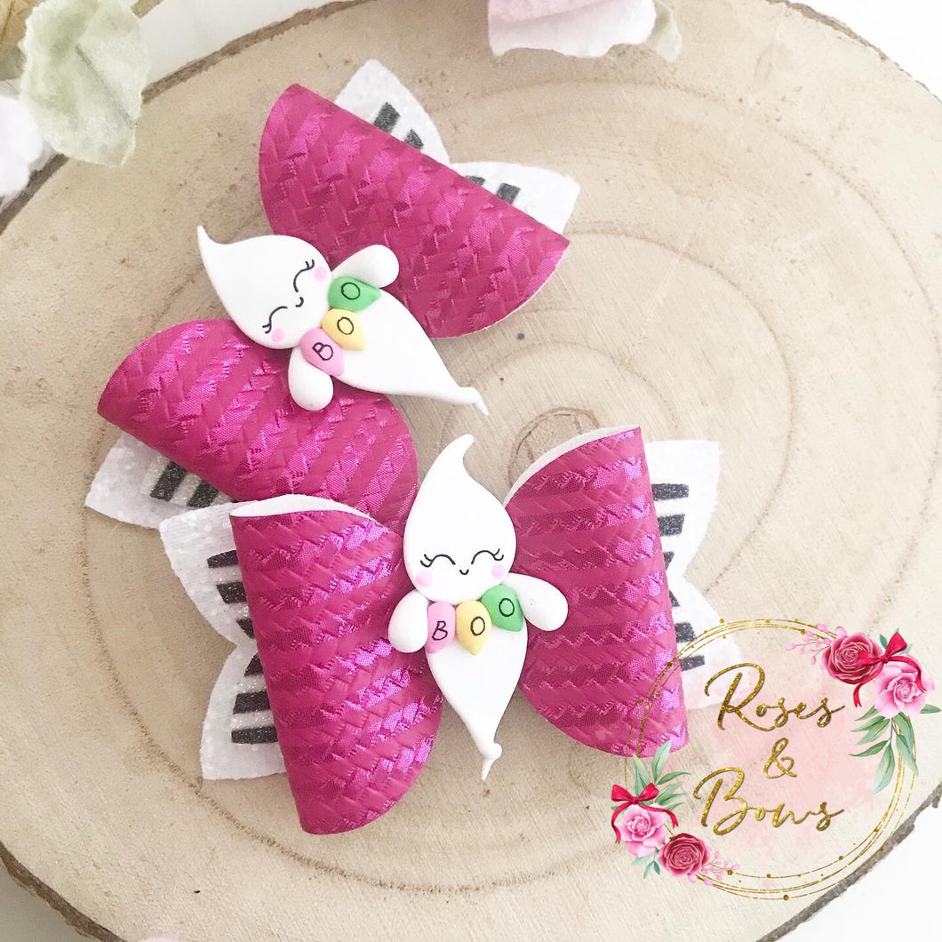 Pink Ghost Glitter Bow Headband or Clip