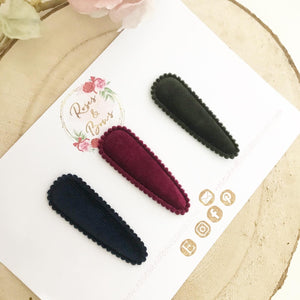 Velvet snap clip set - navy, plum & bottle green