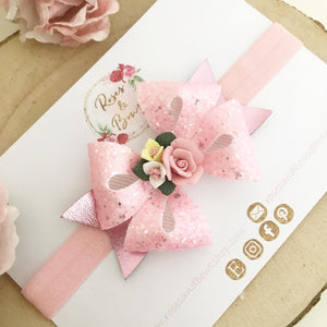 Pink Floral Hair Bow Headband or Clip