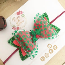 Load image into Gallery viewer, Christmas Holly Glitter and Transparent Hair Bow Headband or Clip
