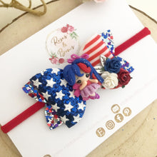 Load image into Gallery viewer, SALE July 4th USA Cheerleader Bow Headband or Clip
