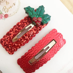 Christmas Red Glitter and Leatherette scalloped snap clip set