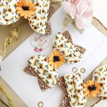 Load image into Gallery viewer, Sunflower glitter and leatherette Bow Headband or Clip
