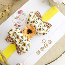 Load image into Gallery viewer, Sunflower glitter and leatherette Bow Headband or Clip
