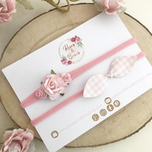 Pink gingham and floral headband set