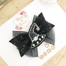 Load image into Gallery viewer, Black Witches Hat Glow in the Dark Halloween Glitter Bow Headband or Clip
