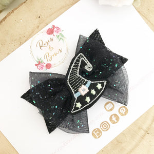 Black Witches Hat Glow in the Dark Halloween Glitter Bow Headband or Clip