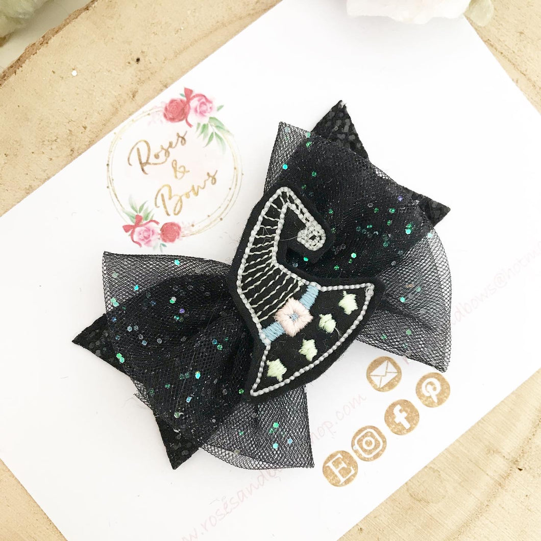 Black Witches Hat Glow in the Dark Halloween Glitter Bow Headband or Clip