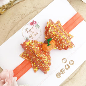 Pumpkin Halloween Glitter Bow Headband or Clip