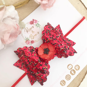 Poppy Glitter Bow Headband or Clip