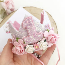 Load image into Gallery viewer, Pink and white birthday crown- cake smash prop - birthday accessory
