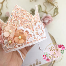 Load image into Gallery viewer, Peach and white birthday crown - glitter party hat - cake smash prop - birthday accessory
