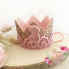 Load image into Gallery viewer, Rose Gold Lace Birthday Party Crown - cake smash prop - birthday accessory
