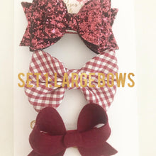 Load image into Gallery viewer, Burgundy School Hair Bows, Fringe Clips or Bobbles
