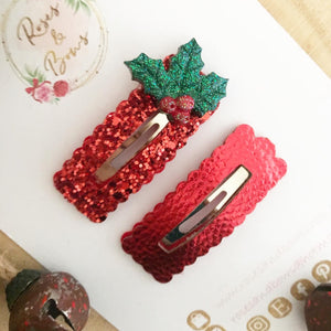 Christmas Red Glitter and Leatherette scalloped snap clip set