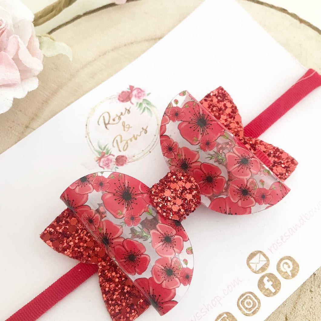 Poppy transparent Glitter Bow Headband or Clip