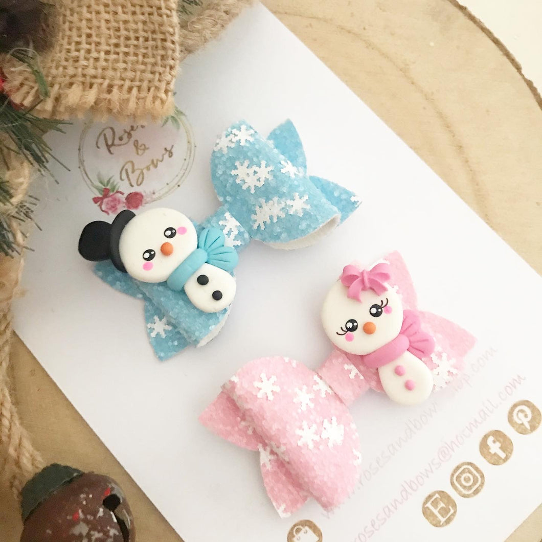 Snowmen Piggy Pigtail bows - clip set - Christmas glitter bows
