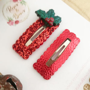 Christmas Red Glitter and Leatherette scalloped snap clip set