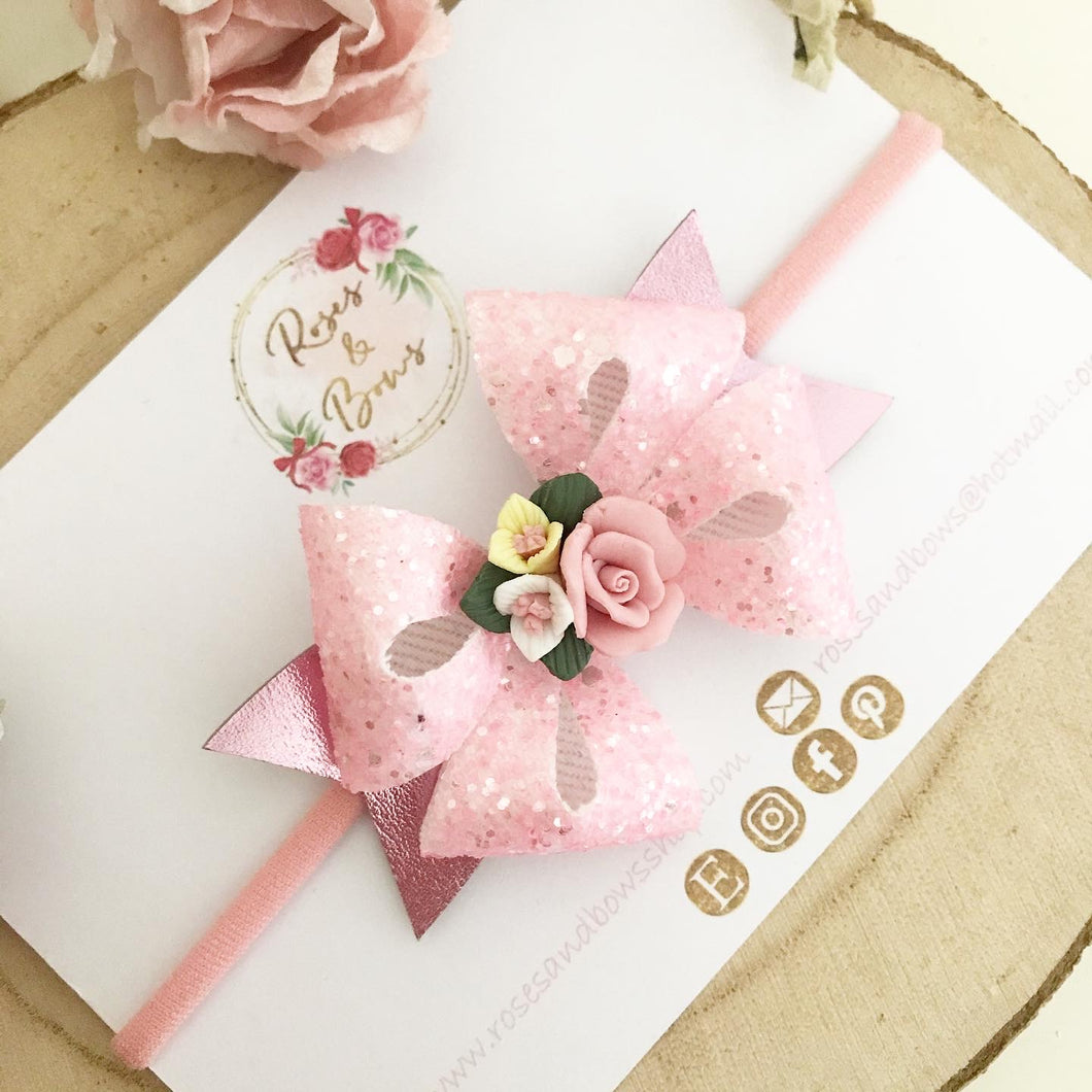 Pink Floral Hair Bow Headband or Clip