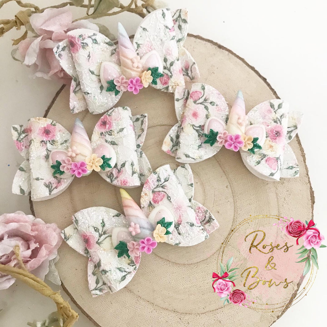 Lace Floral Unicorn Horn Hair Bow Headband or Clip
