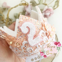 Load image into Gallery viewer, Peach and white birthday crown - glitter party hat - cake smash prop - birthday accessory
