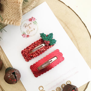 Christmas Red Glitter and Leatherette scalloped snap clip set