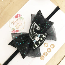 Load image into Gallery viewer, Black Witches Hat Glow in the Dark Halloween Glitter Bow Headband or Clip
