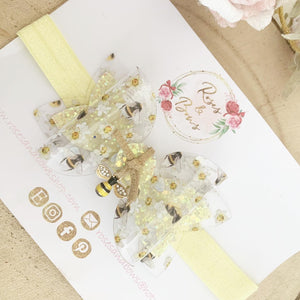 Bee Transparent and Glitter Hair Bow Headband or Clip