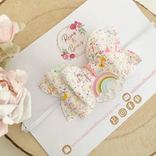 Load image into Gallery viewer, Rainbow Heart Glitter Valentine’s Day Hair Bow Headband or Clip
