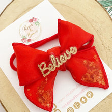 Load image into Gallery viewer, Believe Red Pumpkin hand tied Hair Bow Headband or Clip
