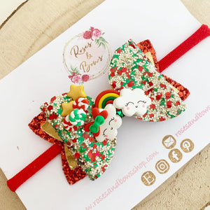 Christmas Rainbow Hair Bow Clip or Headband