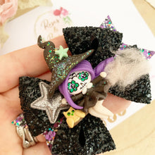 Load image into Gallery viewer, Flying witch Glitter Bow Headband or Clip
