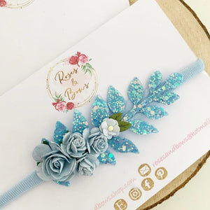 Blue flower and leaf headband or clip - Flower Crown Headband