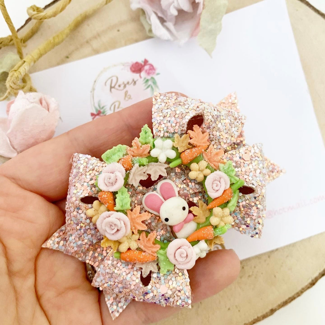 Easter Bunny Wreath Hair Bow Headband or Clip