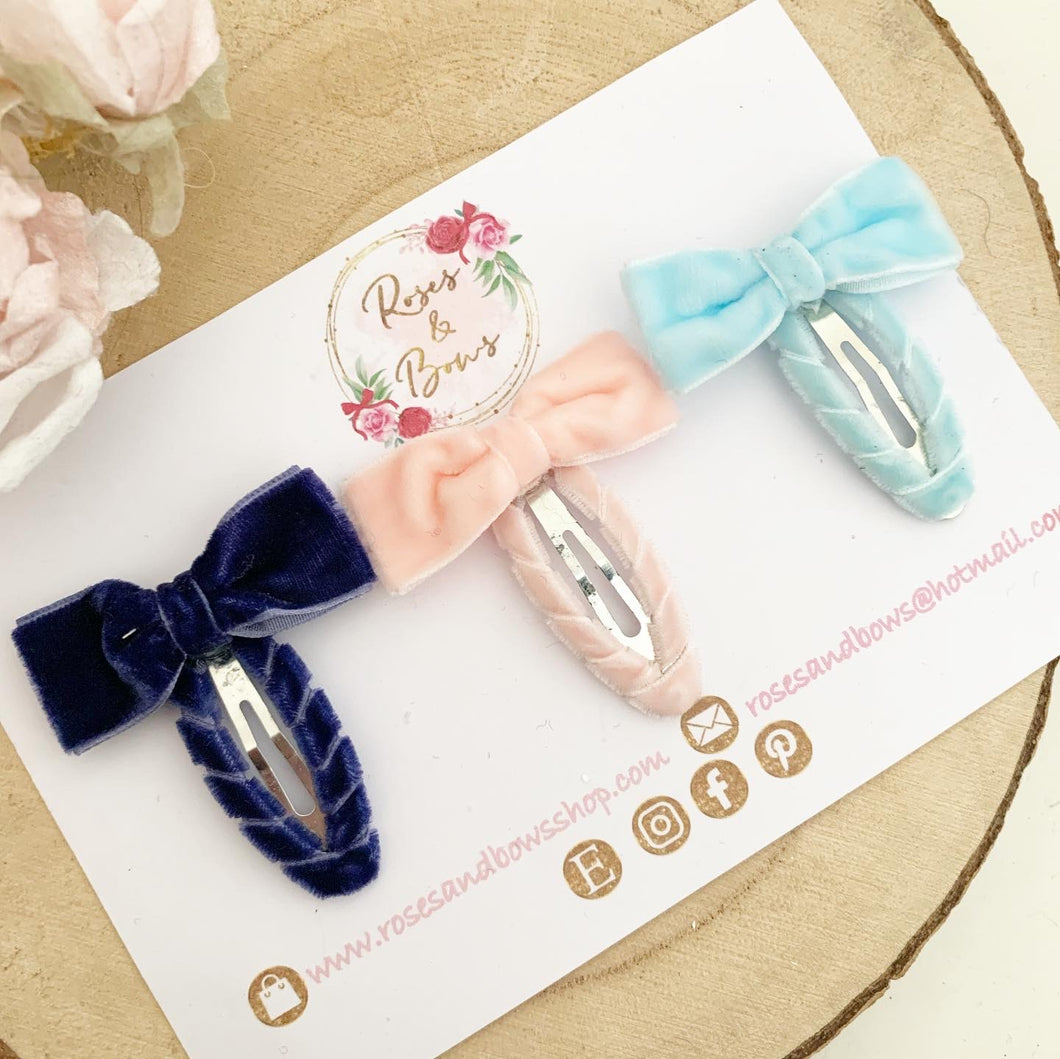 Velvet snap clip set - fringe clip set, navy, blush and light blue