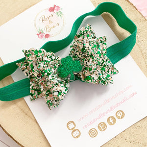 St Patrick’s Day Shamrock Hair Bow - Green Glitter Hair Bow Hair Clip or Headband