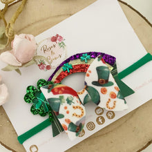 Load image into Gallery viewer, St Patrick’s Day Rainbow Shamrock Hair Bow Headband or Clip
