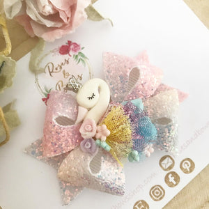 Swan Rainbow Glitter Bow Headband or Clip