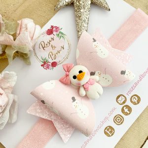 Pink Snowman Hair Bow Clip or Headband