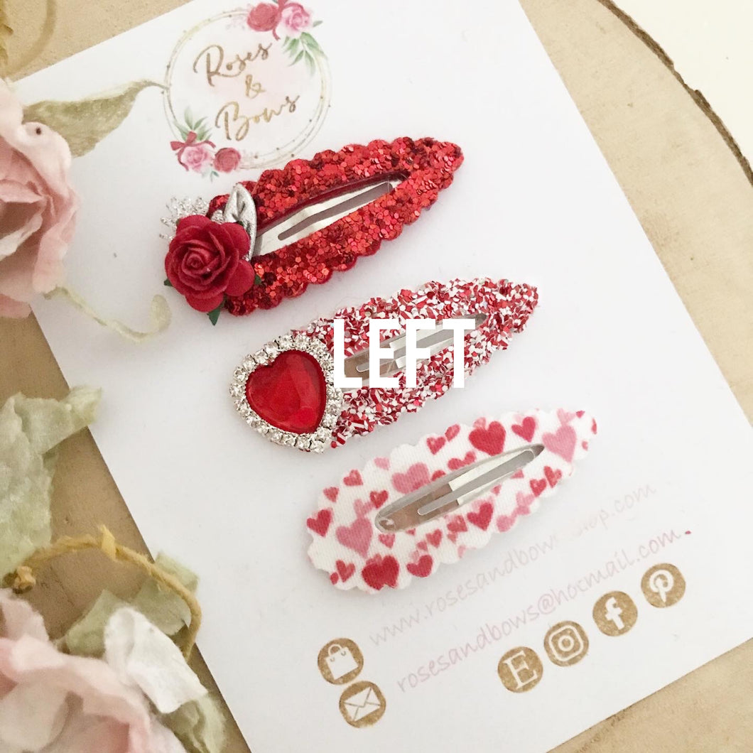 Valentine’s Red and Silver heart scalloped snap clip set