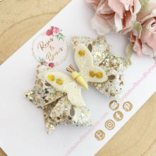 Load image into Gallery viewer, Butterfly White and Gold Hair Bow Headband or Clip
