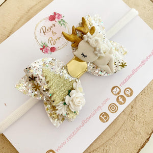 Gold Christmas Deer Hair Bow Clip or Headband